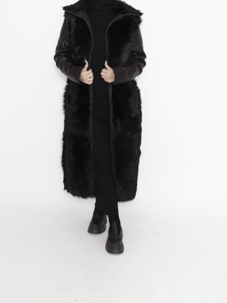 Sort Aarhus - Jacket long leather/fur with zipper