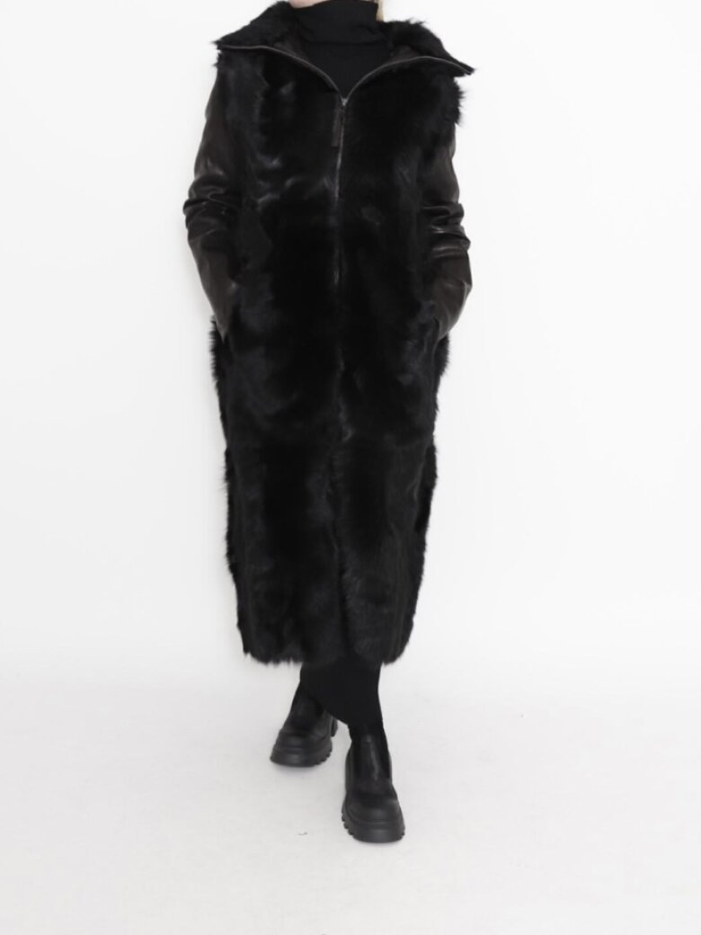 Sort Aarhus - Jacket long leather/fur with zipper