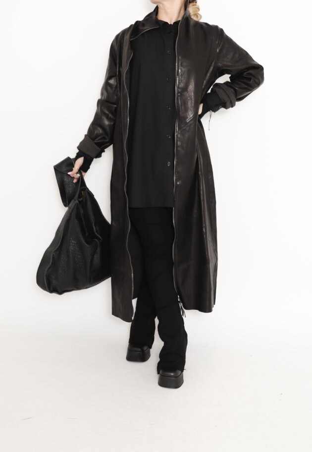 Sort Aarhus - Long stretch leather jacket with zipper and collar