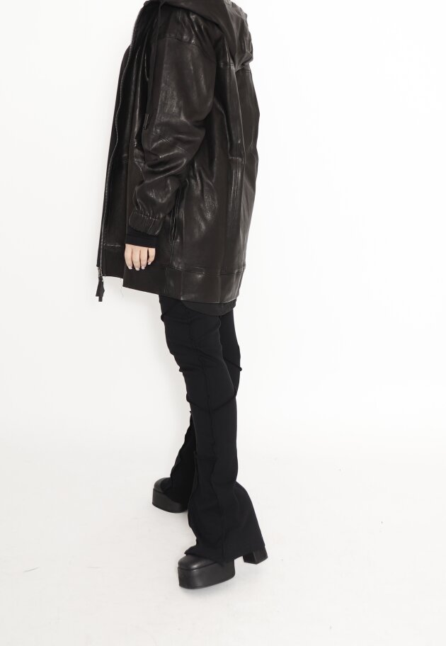 Sort Aarhus - Oversize stretch leather jacket with hoodie and zipper