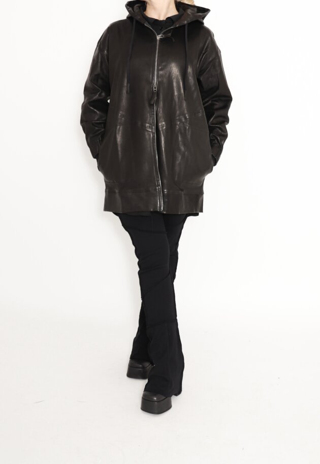 Sort Aarhus - Oversize stretch leather jacket with hoodie and zipper