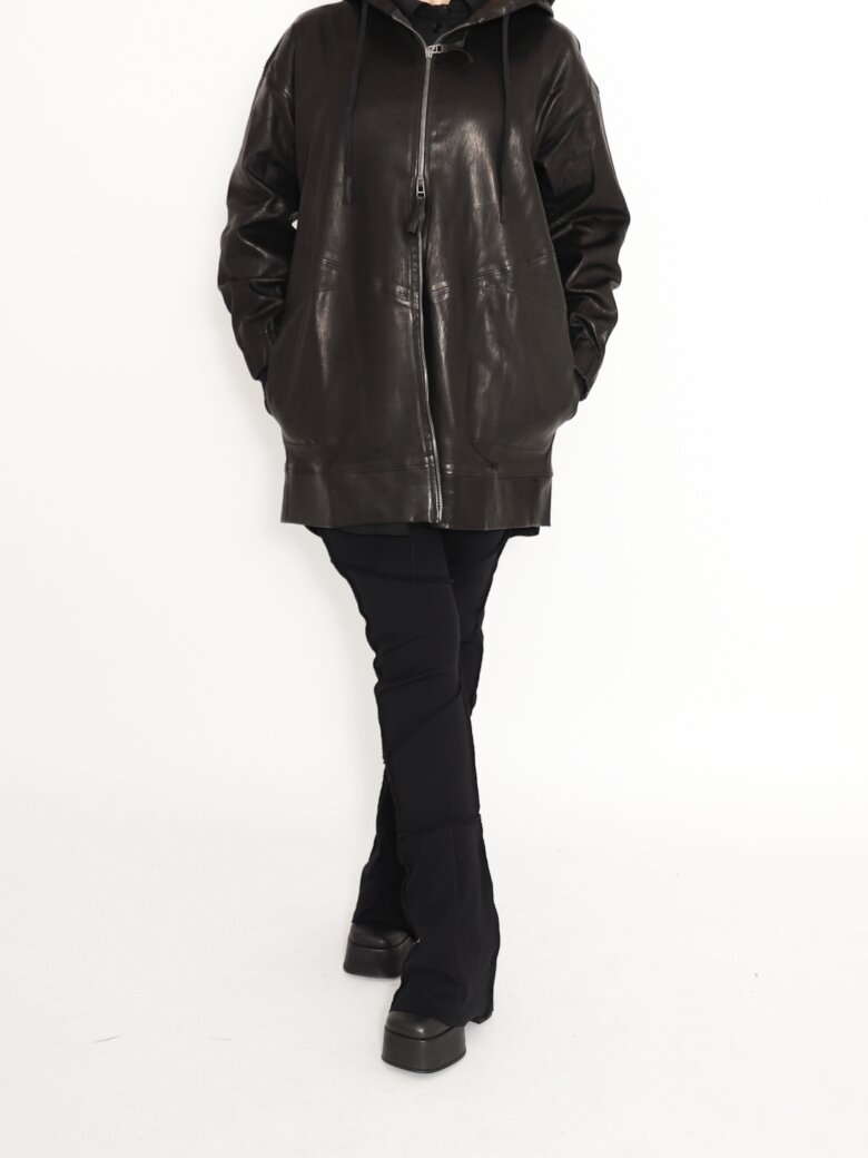Sort Aarhus - Oversize stretch leather jacket with hoodie and zipper