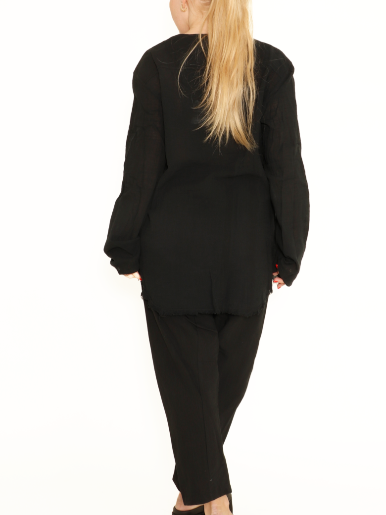 Shirt with button closure and raw edges