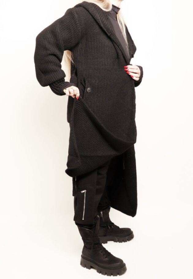 To-i-én strik cardigan med bindebånd og hætte