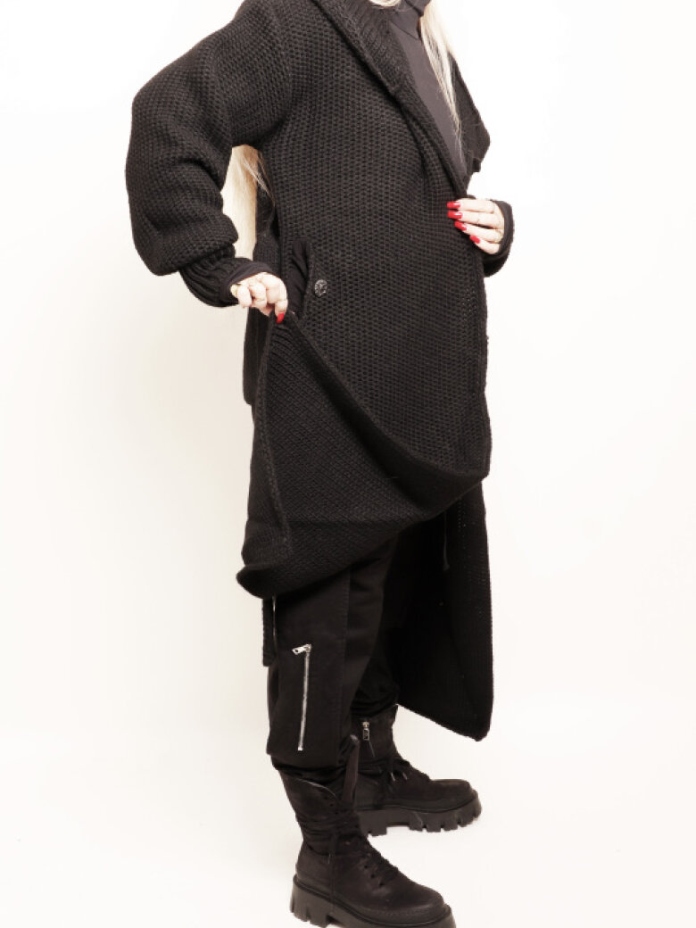 To-i-én strik cardigan med bindebånd og hætte