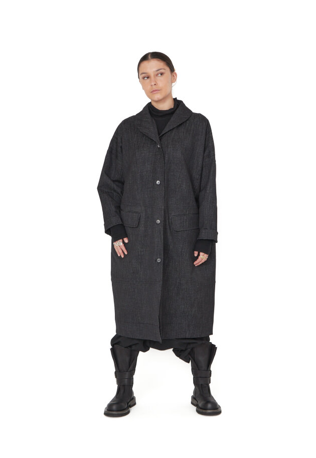 Sort Aarhus - Lang jakke i denim-look med knapper Sort Aarhus - Lang jakke i denim-look med knapper